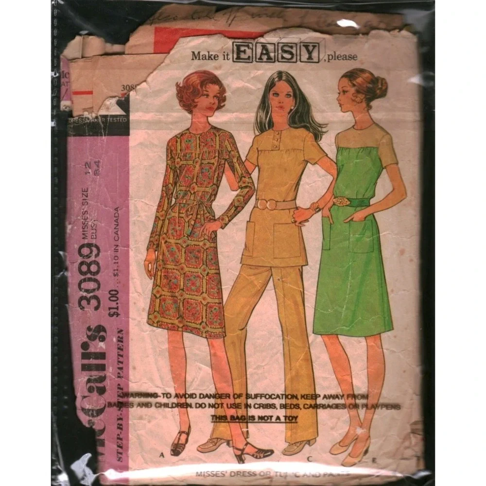 Vintage 1971 McCalls 3089 Sewing Pattern Dress Tunic Pants Size 12 Bust 34 Retro